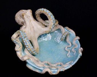 Large Ceramic Octopus Bowl by Shayne Greco Beautiful Caribbean Blue Pottery