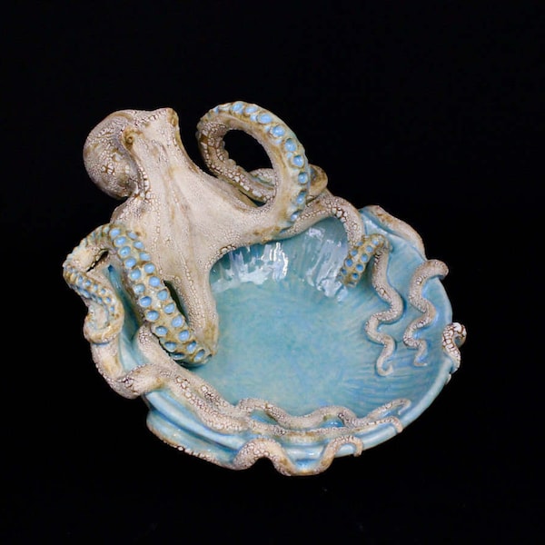 Large Ceramic Octopus Bowl, Caribbean Blue Pottery