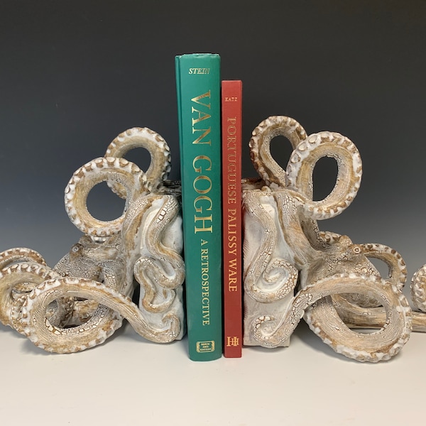 Nautical Ceramic Octopus Bookends - Shabby Chic Mediterranean Sculpture
