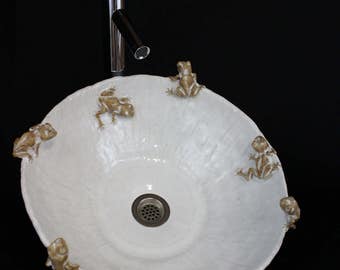 Handmade Ceramic Tree Frog Vessel Sink, Mediterranean Pottery