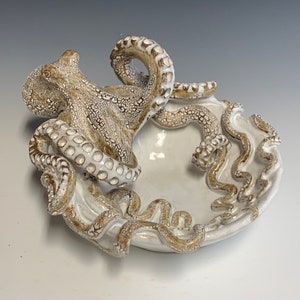 May include: White ceramic bowl with a brown octopus sculpted on the side. The octopus has textured details and is curled around the bowl.