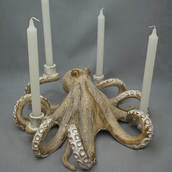 Nautical Ceramic Octopus Candelabra by Shayne Greco Beautiful Shabby Chic Mediterranean Sculpture Pottery