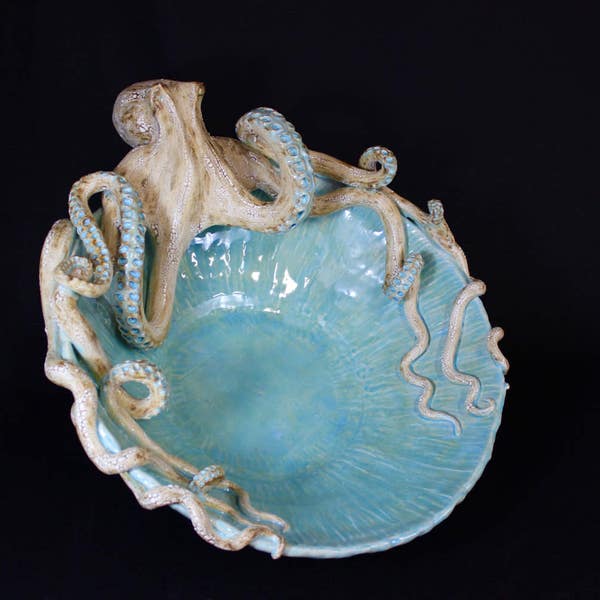 Giant Ceramic Octopus Bowl, Caribbean Blue Pottery by Shayne Greco