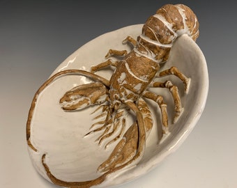 Handmade Ceramic Lobster Bowl, Mediterranean Glazed Pottery