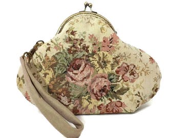 Victorian Style Clutch / Wristlet, Rose Cluster Tapestry, Antique Brass Purse frame, Olive Lining