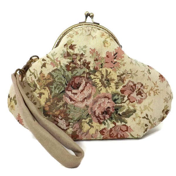 Victorian Style Clutch / Wristlet, Rose Cluster Tapestry, Antique Brass Purse frame, Olive Lining