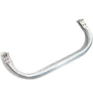 May include: A silver metal handle with two clasps. The handle is curved and has a smooth finish.