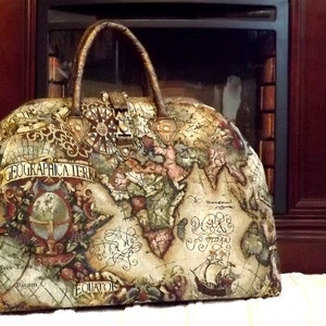 Mary Poppins Style Steampunk Carpet Bag / Travel Bag Old World Map Tapestry 1/2 price shipping