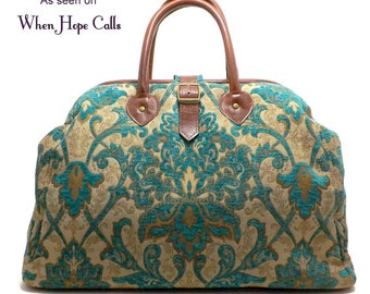 Mary Poppins Style Carpet Bag/Travel Bag Turquoise Damask/ Real Leather/ READY TO SHIP