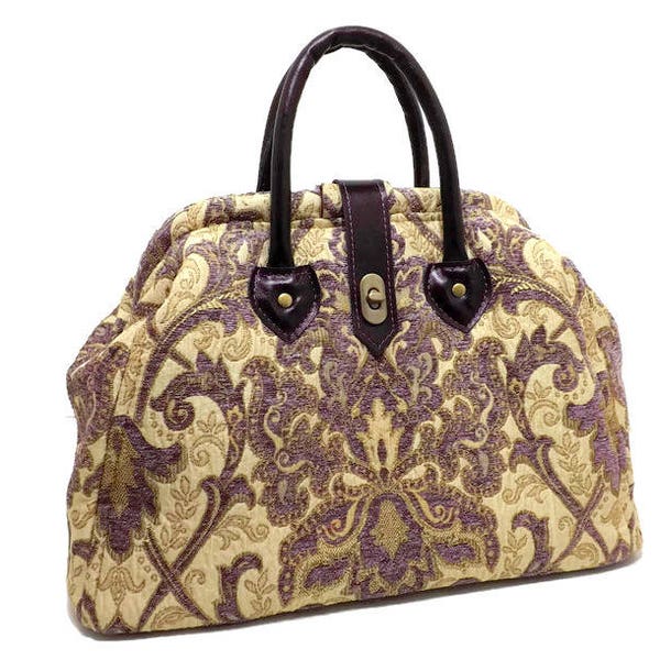 Royal Purple Chenille Damask Mary Poppins Carpet Bag / Medium Size Handbag / Real Purple Leather Handles / Ready to Ship