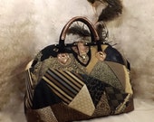 Steampunk Trunk Mary Poppins Style Carpet Bag / Travel Bag Patchwork Black Gold Bronze