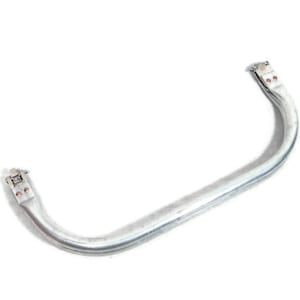 May include: A silver metal handle with two clasps on each end. The handle is curved and has a smooth finish.
