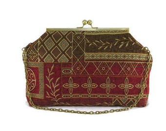 Red, Olive and Gold Elegant Patchwork Clutch Purse with Antique Brass Chain and Kisslock Frame