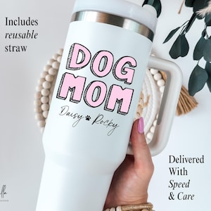 Custom Dog Mom Tumbler 40oz - Dog Tumbler Personalized Dog 40oz Tumbler Dog Lover Tumbler With Handle - Dog Travel Mug Gift For Dog Mom
