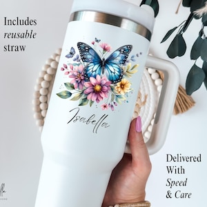 Personalized Butterfly Tumbler 40oz With Name - Floral Butterfly Tumbler With Handle and Straw - Blue Butterfly 40oz Tumbler Butterfly Cup