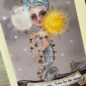 Mermaid card. Art print. 5x7 Art. Blank card. Mermaid moon design image 3