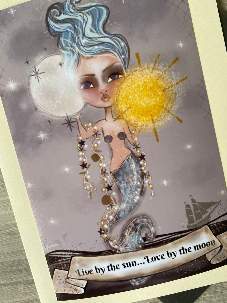 Mermaid card. Art print. 5x7 Art. Blank card. Mermaid moon design image 3