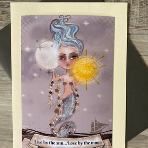 Mermaid card. Art print. 5x7 Art. Blank card. Mermaid moon design image 1