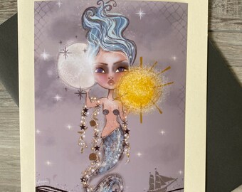 Mermaid card. Art print. 5x7 Art. Blank card. Mermaid moon design