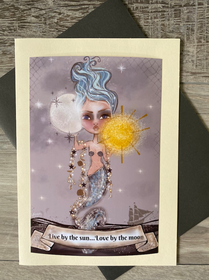 Mermaid card. Art print. 5x7 Art. Blank card. Mermaid moon design image 1