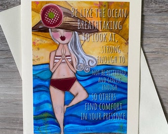 Beach blank card. Art print. Coastal Art. Yoga Art. Affirmation Art. Beach Girl.