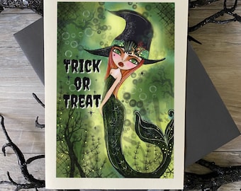 Witch Mermaid. Mermaid Art Print. Halloween card. 5x7 print. Trick or Treat