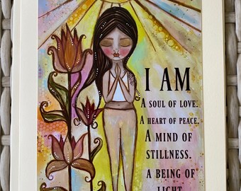 Art Print Card. Yoga Theme. Affirmation Art. Folded blank Greeting Card. I am the light. Art print on 5x7 blank card.