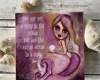 Mermaid ART print. Wood block. Original ART art block. Giclee Art print. Drop in the ocean.