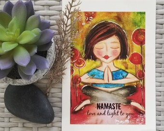 Art Print Card. Yoga Theme. Affirmation Art. Folded blank Greeting Card Love and Light to you NAMASTE yoga Art Card