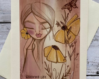 Art Print Card. Yoga Theme. Affirmation Art. Folded blank Greeting Card. Bloom with grace. Blank folded card. 5x7 Art Print