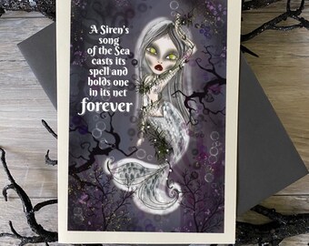 Halloween card. Mermaid. Ghost. Art print. 5x7 blank card. Salty siren