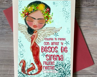 Mermaid Christmas card. Frida Angel. Blank card. Coastal holiday