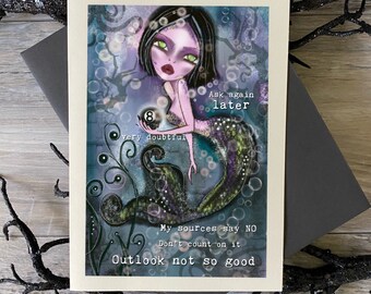 Halloween mermaid card. Art print. 5x7 blank card. Magic 8 ball