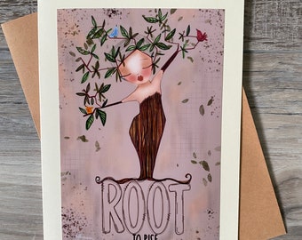 Art print. Yoga tree pose. Blank card. Root to rise
