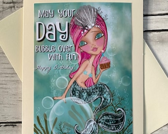 Mermaid Card. Art Print.  5x7 Art Greeting card. Blank card. Bubble birthday. Mermaid Art print. Blank card. Birthday card. Mermaid birthday