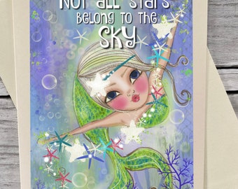 Mermaid Card. Art Print.  5x7 Art Greeting card. Blank card. Stars in the sky. ART PRINT. Mermaid. Blank inside 5x7 greeting card