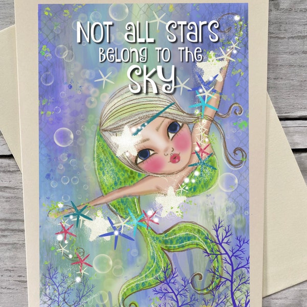 Mermaid Card. Art Print.  5x7 Art Greeting card. Blank card. Stars in the sky. ART PRINT. Mermaid. Blank inside 5x7 greeting card
