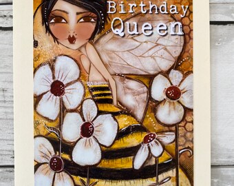 Art Print Card. Bee Queen Theme. Affirmation Art. Folded blank Greeting Card Queen Bee 5x7 art card. Print