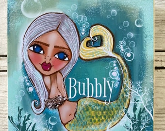 Bubbly Mermaid. Giclee on wood. Print. Mermaid ORIGINAL Art