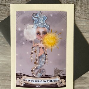 Mermaid card. Art print. 5x7 Art. Blank card. Mermaid moon design image 2