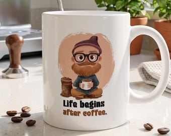 Coffee Lover Bearded Man PNG Mug Wrap (11oz Sublimation Design)
