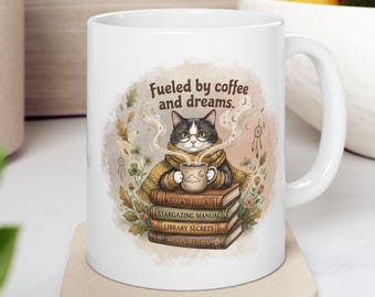 Watercolor Cat Reading Mug Wrap PNG, Coffee Dreams Sublimation Design (Digital Download)