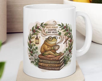 Cozy Frog Mug Clipart, Autumn Woodland Watercolor Sublimation Design (Digital Download)