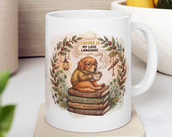 Golden Retriever Dog Coffee Mug Wrap, Watercolor Reading Dog Sublimation Design (Digital Download)