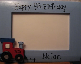 Birthday frame Personalized Birthday Frame, Happy Birthday, Boy Blue Train baby photo frame