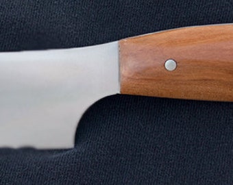 Serrated bread knife with hand-milled Asian white pear wood handle and lapis inlay