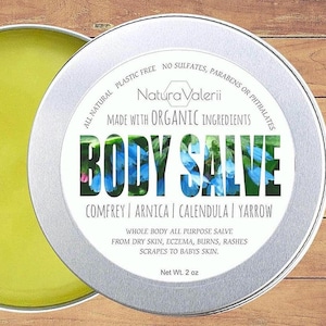 Body Salve infused comfrey, arnica, calendula, yarrow,  all natural herbal salve ointment made with organic ingredients for all skin types