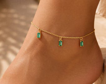 Personalized Birthstone Anklet, Custom Baguette Charm Anklet, Dainty Family Jewelry, Gift for Grandma Mom Women Her