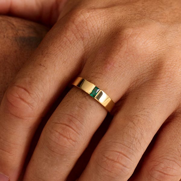 Mens Single Baguette Birthstone Ring, Custom Gemstone Band, Low Profile Minimalist Jewelry, Anniversary Gift for Him, Graduation gift