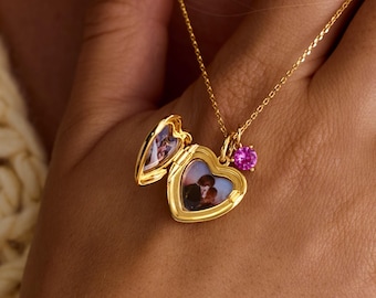 Personalisierte Birthstone Halskette, benutzerdefinierte Bilderrahmen Anhänger, doppelseitige Foto Medaillon, bedeutungsvoller Schmuck für Ihre Lieben